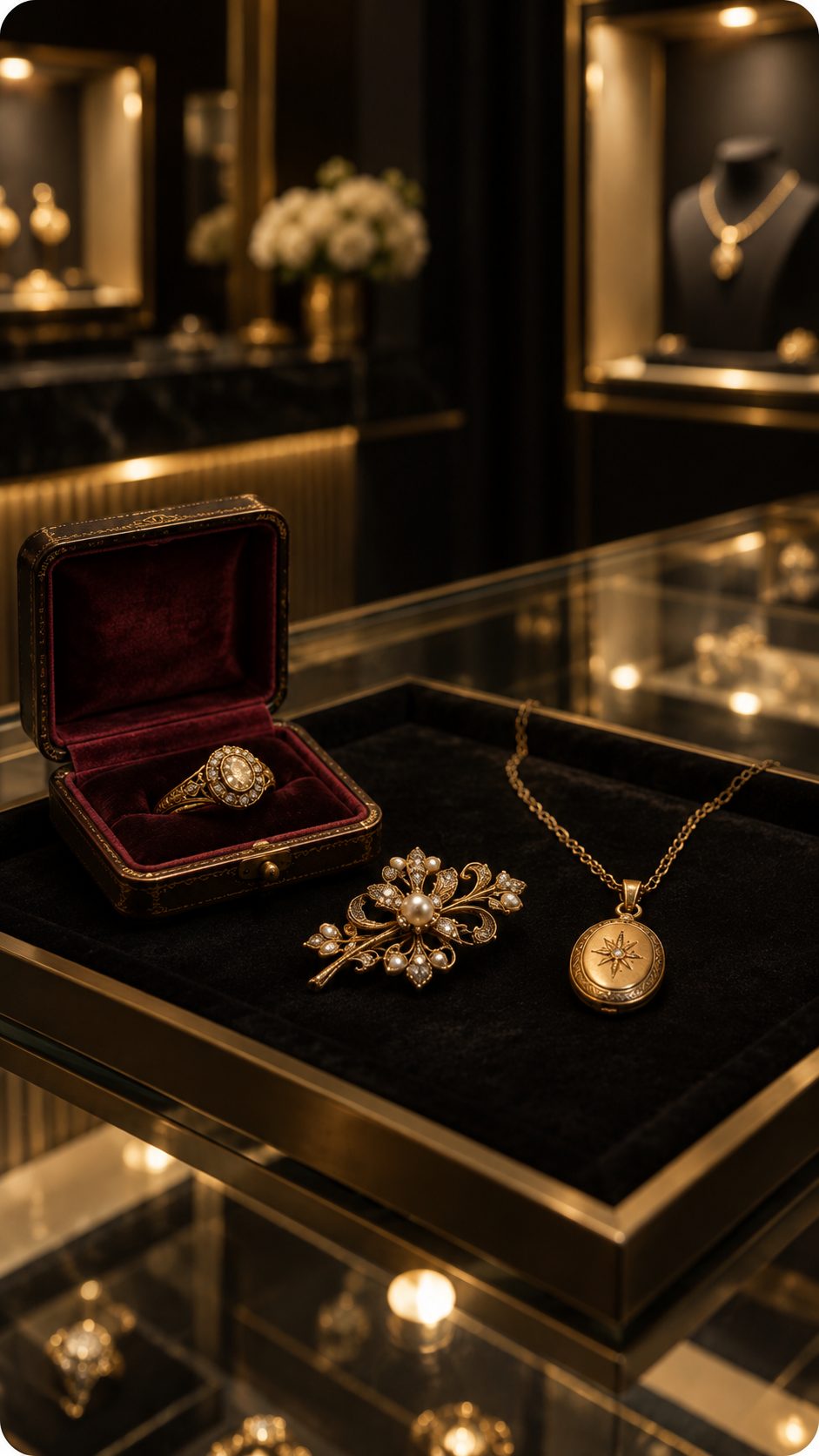 Joyas heredadas —sortija de época, broche de perlas y guardapelo de oro— sobre bandeja de terciopelo