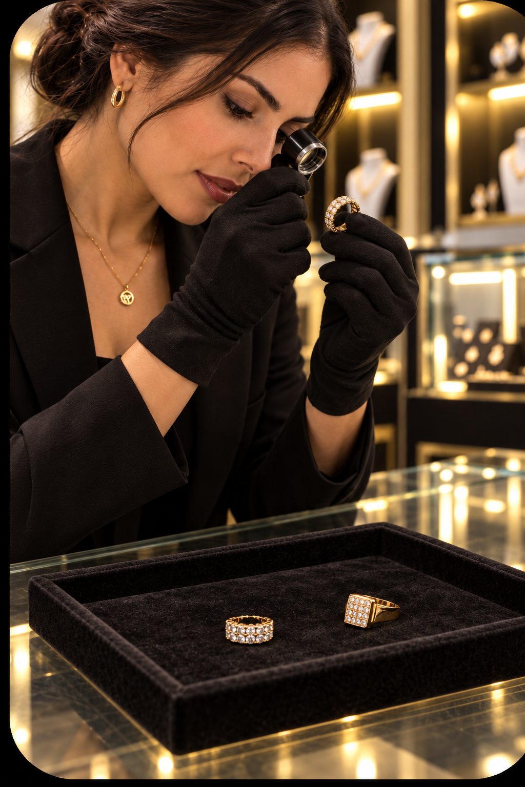 Tasadora observando un anillo de oro con lupa de joyero sobre el mostrador