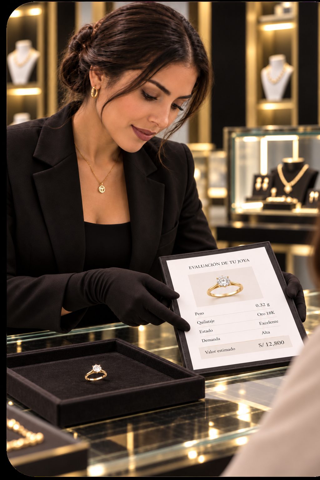 Explicación de la ficha de evaluación de la joya al cliente en el mostrador