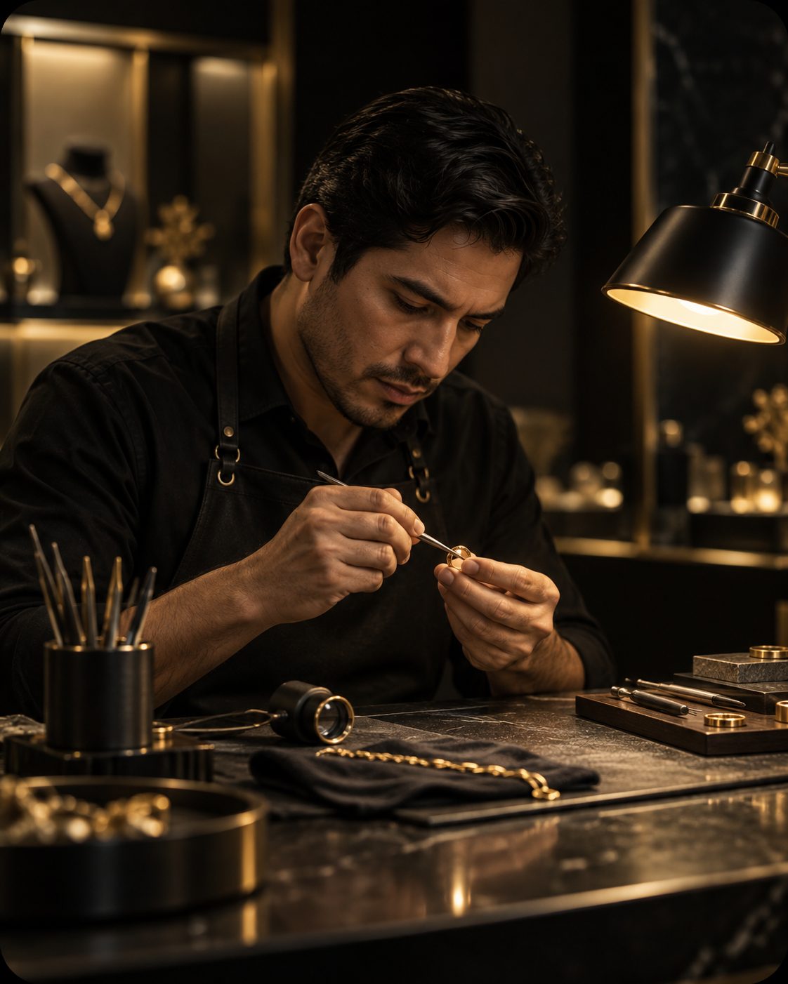 Joyero trabajando una pieza de oro bajo la lámpara del taller de Mirey Atelier en Miraflores