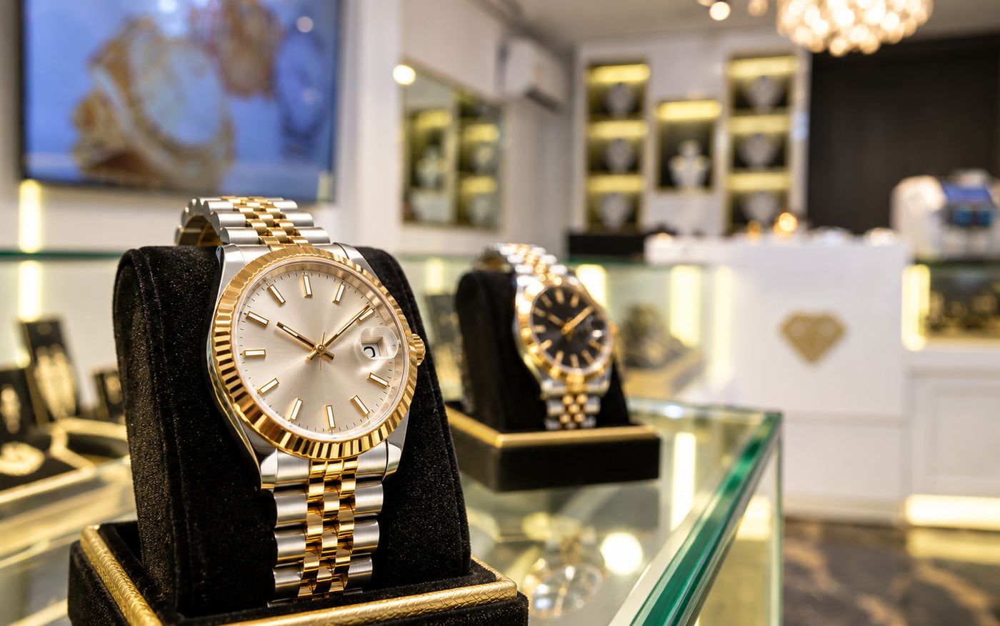 Relojes de segunda mano expuestos en vitrina para tasación